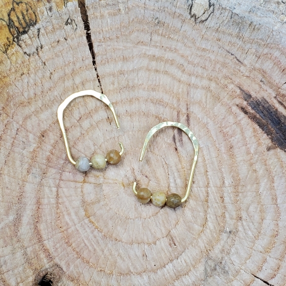 Handmade hammered semi-precious jasper modern minimalist boho earrings. 1 pair - Picture 8 of 14